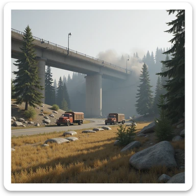 a screenshot of a location in a videogame  the image of the scene consists of: [a tall above-ground freeway collapsed], a wooded area, a small field of wheat, sandbag barricades. distant smoke. uneven terrain, derelict vintage work trucks, more distant smoke sticker