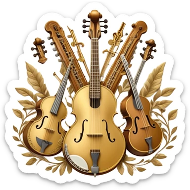 Create a grand, heraldic-style emoji collage representing plucked string instruments. The design should resemble a majestic emblem, featuring a collection of iconic instruments such as a banjo, mandolin, domra, sitar, and other plucked string instruments. Arrange the instruments symmetrically, with their necks and strings intertwining gracefully like a coat of arms. A flowing ribbon of musical notes should elegantly weave through the instruments, creating a sense of harmony and movement. The emblem should have a luxurious, golden and bronze color palette with intricate decorative elements, adding depth and a professional touch. Subtle lighting effects should highlight the polished wood and metal strings of the instruments. The background should be transparent, making the design adaptable for various uses sticker
