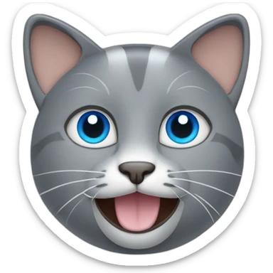 a happy gray cat with blue eyes and a ball blue and yellow volleyball sticker