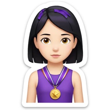Girl child with black hair, purple dress and many medals on neck sticker