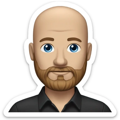 Bald, Caucasian, sky-blue-eyed, Psychotherapist in a modern colorful chair. He has a brown full beard and he’s Wearing a black dress shirt with a subtle pattern, blue jeans and black Chelsea boots with his legs separted leaning forward grey in goatee sticker