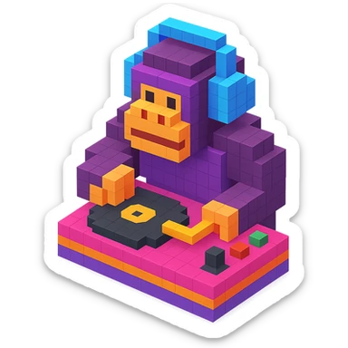 voxel style gorilla DJ with headphones and turntable, isometric view sticker