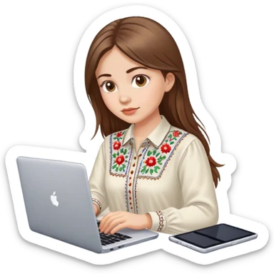 A Ukrainian girl with brown hair in an embroidered shirt works at her laptop sticker