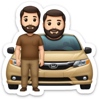 Emoji style illustration of a bearded, chubby man with dark hair, standing next to a black Honda Civic. Cute, detailed, and colorful emoji design. sticker