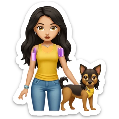 a tan pretty bratz girl with long wavy black hair, wearing a yellow tank top with a street dog sticker