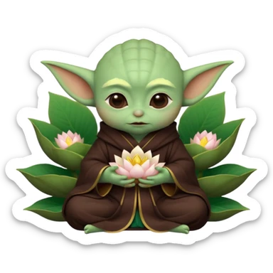 Baby Yoda con su tunica chocolate oscuro sentado dentro de una flor de loto estilo chino sticker