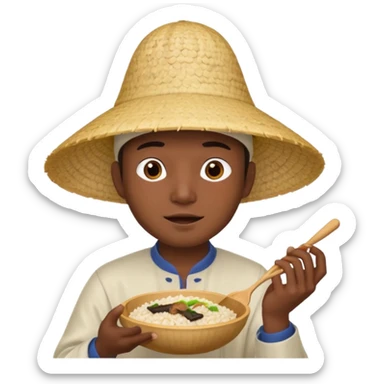 Asian guy with a rice hat eating a bat sticker