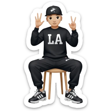Crea Un Emoji De Cuerpo Completo Que Sea Hombre Con Corte Alucin Que Tenga Gorra Nike, Suéter Negro Que Tenga La Letras LA El La Parte Del Corazón, Zapatos Adidas Con Una Palomita✅, Pantalón Ancho O Bellaco Con Unos Diseños De Palomas Blancas Y Asiendo Una Pose Con Su Mano Que Sea Está 🤙🏽. sticker