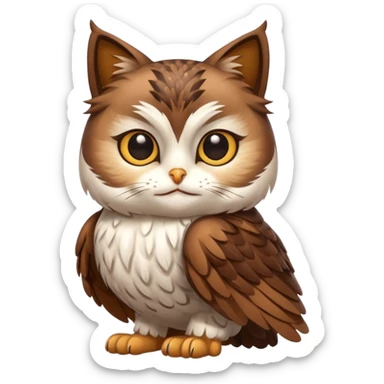 crea un gato con alas de búho con pelaje color cafe y blanco y que este con las alas cerradas y sin ningun objeto en las alas sticker