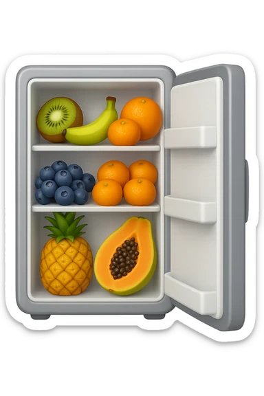 emoji stile iphone di un frigo aperto con dentro ben visibili questi alimenti: Kiwi
Banana acerba
Arance e mandarini
Mirtilli
Ananas
Papaya
IPERREALISTICO 4K sticker