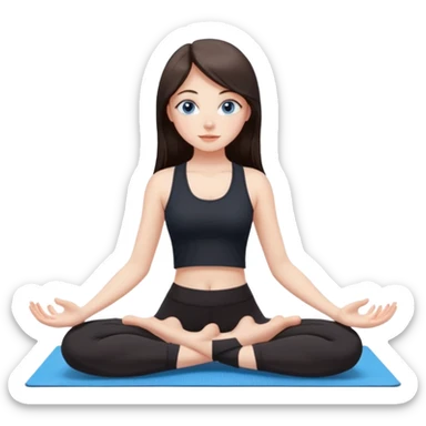 A girl with fair skin and a caring blush. Her eyes are big, expressive, blue. Her hair is long, straight, dark brown. She is dressed in a black top and leggings. She is doing yoga on a beige mat. sticker