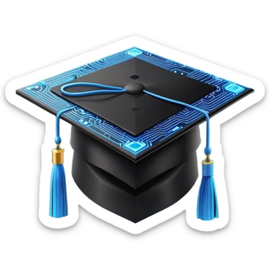 A sleek black graduation cap (mortarboard) with a glowing blue circuit board pattern on the top, representing technology and IT. The cap has a modern, futuristic design, with subtle neon blue lines mimicking digital circuits. A small, pixelated cursor icon replaces the traditional tassel, symbolizing coding and software development. The background is plain white sticker