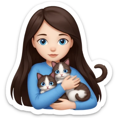 a pretty girl with long dark 
brown hair, with blue eyes, hugs 3 different natural coloured small cats sticker