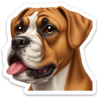 Senior boxer dog with single canine tooth sticking out of her closed mouth.  sticker