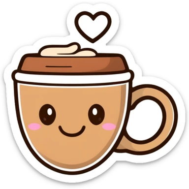 smiling hot coffee cup with heart-shaped steam, different cup design, mocha brown tones, kawaii soft hand-drawn sticker