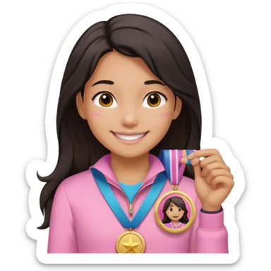 black haired girl wearing pastel pink with one medal, remove any hats, make her smile, make her hair longer, make her tan sticker