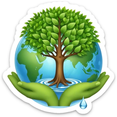An icon featuring a tree, a recycling symbol, and a globe, representing ecology. The design includes green leaves, a water droplet, and wildlife, symbolizing the study of ecosystems, sustainability, and environmental protection. Transparent background. sticker