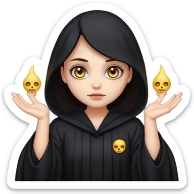 Stylized cult cartoon girl emoji, eerie-cute aesthetic, symmetrical design, subtle spooky vibe, glowing eyes, saying “AMILK”, bold graphic icon sticker