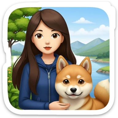 Really girl long dark brown hair with shiba inu outdoors sticker