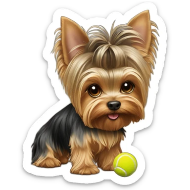 Yorkie playing with a tennis ball sticker