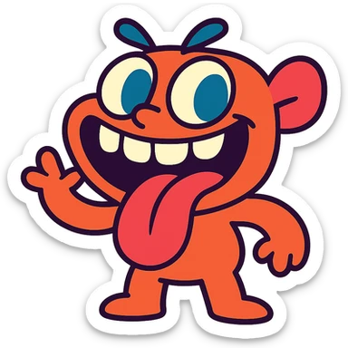 cartoonish character with big teeth and a big tongue, playful expression, vibrant colors, bold lines, cute style sticker
