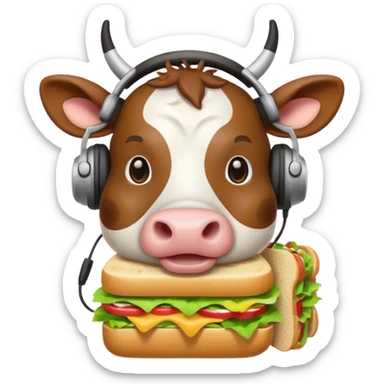 cow with big headphones eating a sandwich, apple emoji style sticker