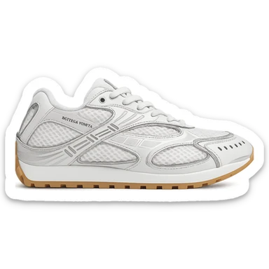 Recreate the Bottega Veneta Orbit sneaker in white with silver accents, keeping the exact design and details, side view, clean background, in a realistic and detailed style. sticker