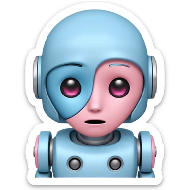 cute sad robot, pastel blue and pink, downturned mouth sticker