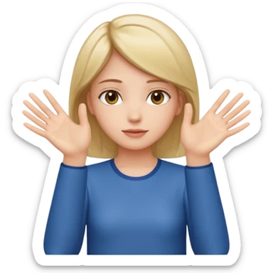 Girl with two hands in front out palms facing upwards and hands in front of her LOWER and her left hand slightly lower than her right hand sticker