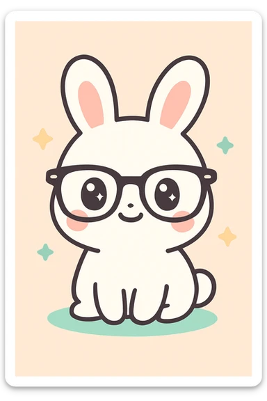 conejo blanco con gafas RayBan clásicas, estilo kawaii sticker