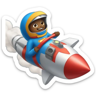 person dressed with a superhero cape but without mask is riding on a rocket sticker