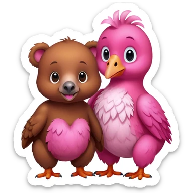 A cute brown bear and a realistic cute pink dodo closely together sticker