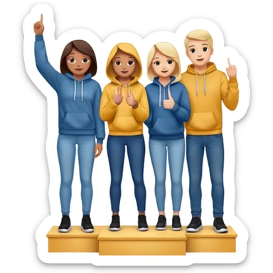 three people in jeans and hoodies on a winners podium with no label, middle step higher, center person holds up one finger on each hand, bright cheerful expressive emoji illustration sticker