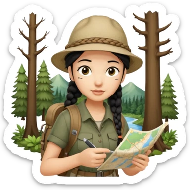 A braid black hair backpacking woman checking her map with curious eyes while walking in the woods with camping hat full body sticker