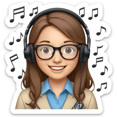 Cheerful female teacher with headphones, microphone, and music notes around. Long brown hair, glasses, smiling, fun and friendly vibe. sticker