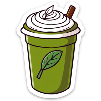 matcha latte with leaf detail, warm olive-brown tones, soft dreamy illustration sticker