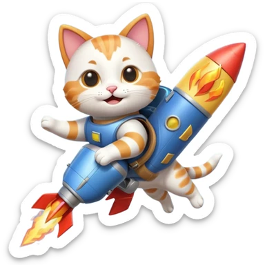 cute cat flying with a rocket pack on its back, rocket flames, happy face, 3D cartoon, mobile game icon style, clean background, no text, no watermark
 sticker