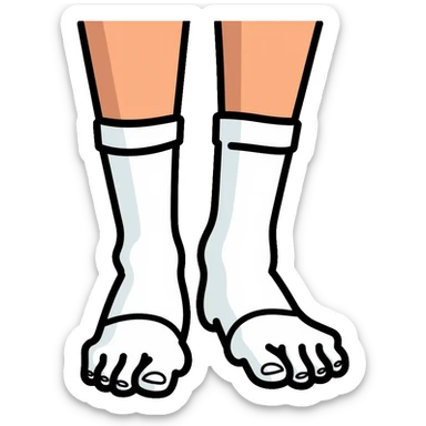 bottom view of feet wearing white athletic socks showing soles with texture pattern sticker