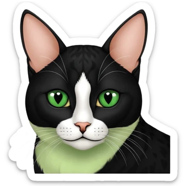 Haz una gata de ojos verdes la cara blanca con mancha negra en las orejas que agarra parte de la frente del lado der pero del iz va desde el ojo hasta la oreja la mancha, tiene la nariz negra en forma de corazón y todo lo que sobra de la cara, barbilla la nariz arriba y el lado de bigotes es blanca sticker
