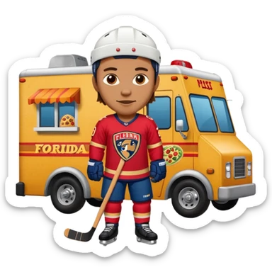 The galaxy with a with a Florida Panthers player
With a taco truck and a pizza truck with a house
With a museum behind it that has football players sticker