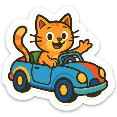 Playful cat driving a convertible car with vibrant colors, background transparent, chibi stickers cartoon style. sticker