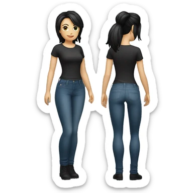 white woman, short ponytail with medium bangs black hair, tight jeans, tight shirt, full body. curvy sticker