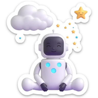 minimalist 3D cartoon-style icon of a peaceful dreaming robot with a pill-shaped head, eyes closed, gentle smile, soft features, stylized clouds and stars around the head, simple clean lines sticker