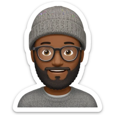 A dark-skinned man with a gray knit beanie, black glasses, a full beard, and a friendly smile. sticker