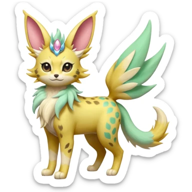 Epic complex detailed pastel minty green, pastel beige yellow pastel realistic aesthetic-scenic-Fakémon-Zorua-Litten-Leafeon-Sylveon-Trico-Sergal-Serval-Vernid-creature (full body) with far wings, shiny sparkly fairycore theme  sticker