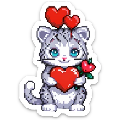 snow leopard with cat ears holding a red heart sticker