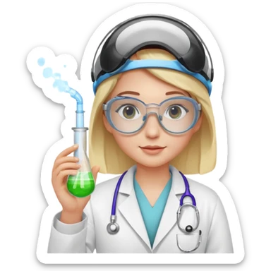 A person wearing safety goggles, a stethoscope, and a white coat. In one hand they hold a test tube containing chemicals  sticker