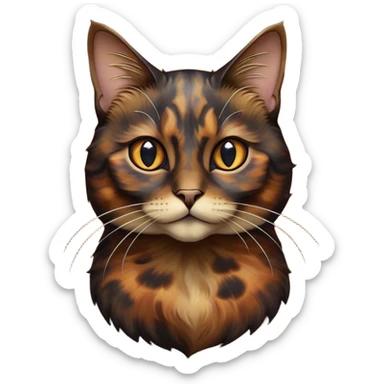 Cinematic Noble Tortoiseshell Cat Portrait Emoji, Poised and dignified, showcasing a luxurious, mottled fur of rich browns and blacks, with elegantly arched whiskers and a determined yet gentle expression, simplified yet meticulously detailed, glowing with a subtle, regal radiance, high shine, embodying quiet nobility and refined charm, soft glowing outline, capturing the essence of a sophisticated tortoiseshell cat exuding quiet authority! sticker