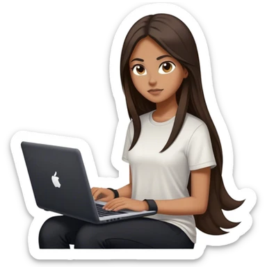beautiful girl,  with long dark brown hair, straight hair, with laptop,white tan black shirt and black pants and white snickers nike sticker