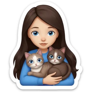 a pretty girl with long dark brown hair, with blue eyes, hugs 3 different natural coloured small cats sticker
